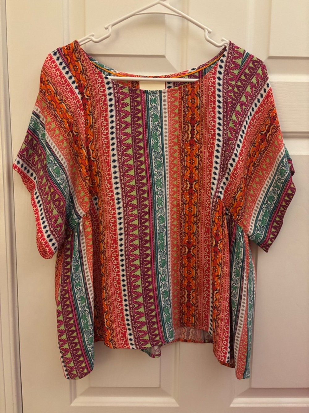 Maeve Vibrant Striped Patchwork Blouse in Orange, Green, Magenta Size Medium